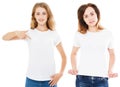 Set white t shirt, front view two woman in t-shirt isolated on white background,design and people concept