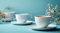 Set of white teacups on a pastel blue background Royalty Free Stock Photo