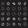 Set of white vector arrows on black background for web. Outline Refresh and Reload arrows. COLLECTION OF ICONS