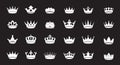 A set of white vector king crowns icon on black background. Vector Illustration. Emblem and Royal symbols Royalty Free Stock Photo