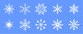 Set of white vector snowflake icons on a blue background. Winter decorative elements Royalty Free Stock Photo