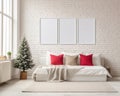 Set of 3 white wall art frame mockup, realistic design, Christmas tree and gifts, living room, 3D rendering, Christmas concept Royalty Free Stock Photo