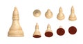 Set of white wooden bishop chess pieces in 9 angled views isolated on white background.