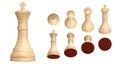 Set of white wooden king chess pieces in 9 angled views isolated on white background.