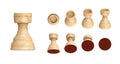 Set of white wooden rook chess pieces in 9 angled views isolated on white background. Royalty Free Stock Photo