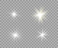 Set white and yellow luminous transparent light. Vector Christmas stars, a bright flash of light. Glitter isolated background.