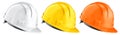 Set of white, yellow, orange construction helmets. 3d rendering of safety hard hats isolated on a white background. Royalty Free Stock Photo