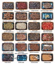 Set of whole grains of spices in bowls with names Royalty Free Stock Photo