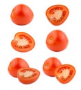 Set of whole and half plum red tomatos isolated on white Royalty Free Stock Photo