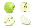 Set of whole, half and quarter green apples on a white isolated background Royalty Free Stock Photo