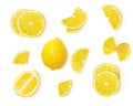 A set of whole lemon, lemon halves, slices and quarters of lemons lying on a white background.