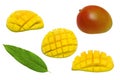 Set of whole mango, half mango cubes cut and leaf isolated on white background Royalty Free Stock Photo