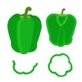 Set of whole pepper and slices in flat style. Chopped green pepp