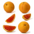 Set of Whole and piece red sicilian oranges on a white background. Full depth of field.