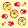 A set of whole pizzas, slices of pizza and tomatoes . Watercolor illustration isolated on yellow background.Seamless pattern