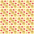 A set of whole pizzas, slices of pizza and tomatoes . Watercolor illustration isolated on yellow background.Seamless pattern