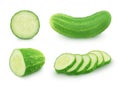 Set of whole and sliced cucumbers isolated on a white background. Royalty Free Stock Photo