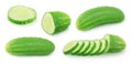 Set of whole and sliced cucumbers isolated on a white background. Royalty Free Stock Photo