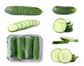 Set with whole and sliced cucumbers on background Royalty Free Stock Photo