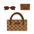 Set of wicker bag decorated with a line and flowers, elegant sunglasses and functional leather purse. Set for fashionable woman. B