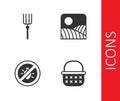 Set Wicker basket, Garden pitchfork, Stop colorado beetle and Agriculture wheat field farm icon. Vector