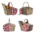 Set of wicker picnic baskets with products on background Royalty Free Stock Photo