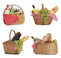 Set of wicker picnic baskets with products on background Royalty Free Stock Photo