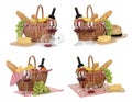 Set of wicker picnic baskets with products on background Royalty Free Stock Photo