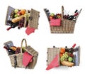 Set of wicker picnic baskets with products on background Royalty Free Stock Photo