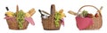 Set of wicker picnic baskets with products on background, banner design Royalty Free Stock Photo