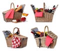 Set of wicker picnic baskets with wine and food on white background Royalty Free Stock Photo