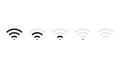 Set of wifi icons with signal strength level. Connection wave symbol from low to high. Isolated antenna sign with broadcast radius