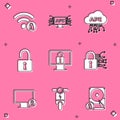 Set Wifi locked, Computer api interface, Cloud, Open padlock, Lock on monitor and Cyber security icon. Vector Royalty Free Stock Photo