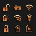 Set Wifi locked, Retro wall watch, Document and, Scooter, Open padlock and Cyber security icon. Vector Royalty Free Stock Photo