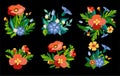 Set of Wild floral bouquets of poppies and cornflowers with green leaves in decorative flat style. Botanical natural