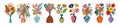 Set of blooming flowers in vases and bottles. Royalty Free Stock Photo