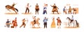 Set of wild west cartoon characters vector flat illustration. Collection of cowboy ride on horse, sheriff with gun