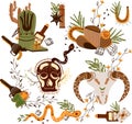 Set Wild west composition with cowboy hat, playing cards, an skull, a mystical snake, dice, gun and other. Further Old Royalty Free Stock Photo