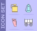 Set Wild west covered wagon, Canteen water bottle, Revolver gun in holster and Camping lantern icon. Vector