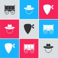 Set Wild west covered wagon, Western cowboy hat and Cowboy bandana icon. Vector