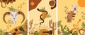 Set a Wild West poster with an animal skull, a mystical snake around the moon, a cowboy hat, a gun, a hand holding a