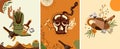 Set Wild west poster with cowboy hat, playing cards, an skull, a mystical snake, dice, gun and other. Further Old West