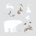 Set of wild winter animals. Cute polar bear, hare, rabbit. Fox, dove and birds with mushrooms, trees. Christmas nordic