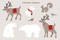 Set of wild winter animals. Cute polar bears, reindeers, squirrel and finch birds. Christmas nordic design for greeting