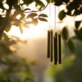 A set of wind chimes hanging from a tree branch Royalty Free Stock Photo
