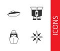 Set Wind rose, Speedboat, Yacht sailboat and Binoculars icon. Vector