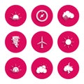 Set Wind turbine, Sun and cloud weather, Storm, Sunset, Tornado, Cloud with snow and Sunrise icon. Vector