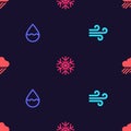 Set Wind, Water drop, Snowflake and Cloud with rain on seamless pattern. Vector Royalty Free Stock Photo