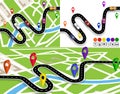 Set of winding roads with signs. On the map of the city and without. Movement of vehicles. The path is indicated by the