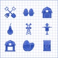 Set Windmill, Chicken egg, A pack full of seeds of a specific plant, Scarecrow, Farm House concept, Pear, and Shovel and